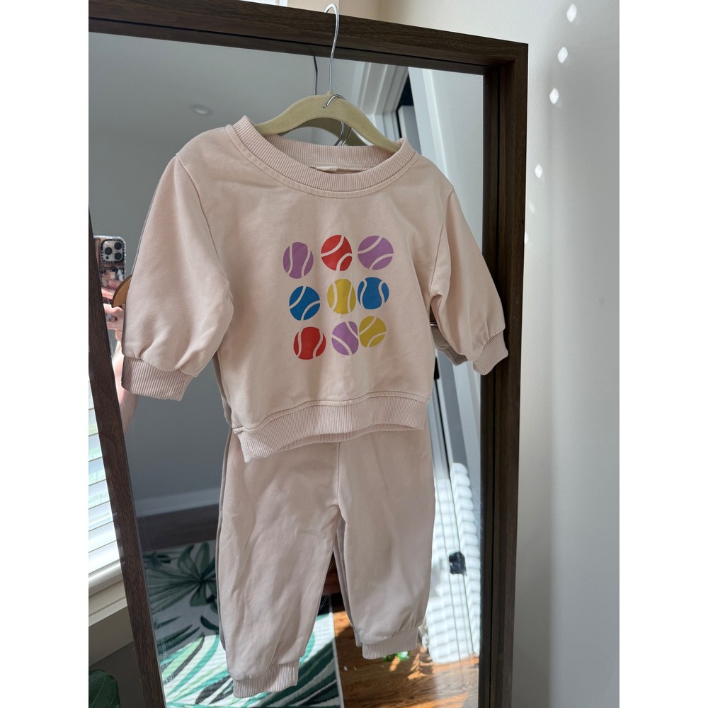Minilolie Kids Sweatshirt & Jogger Set Outfit 12-18M Tennis Balls Beige EUC